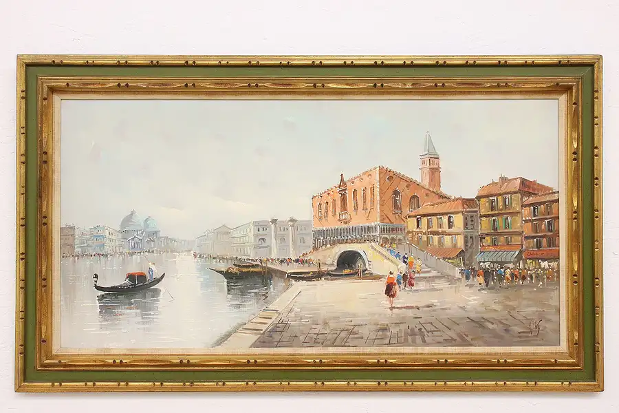 Main image of Venice Canal Scene Doge Palace Vintage Oil Painting, DeVity 56"