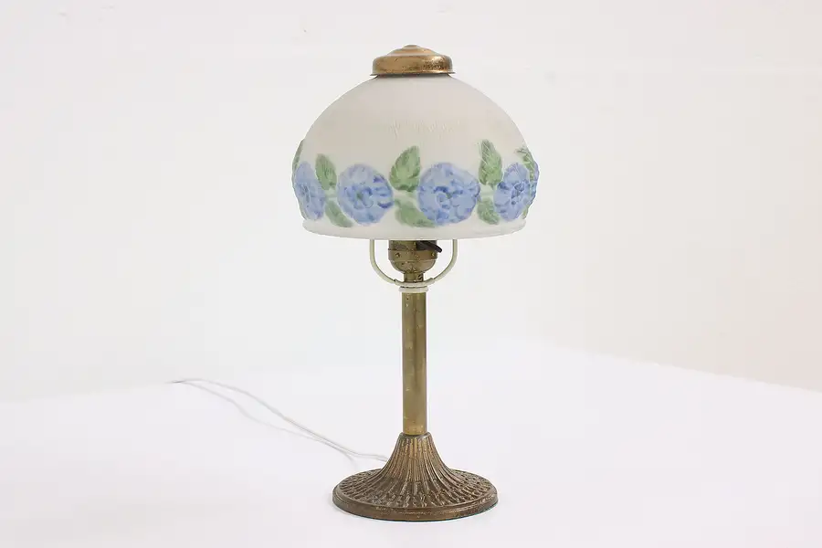 Main image of Boudoir or Desk Antique Lamp Hand Painted Etched Glass Shade