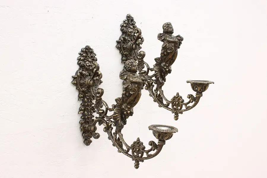 Main image of Pair of Bronze Vintage Cherub Dionysus Grape Wall Candle Sconces