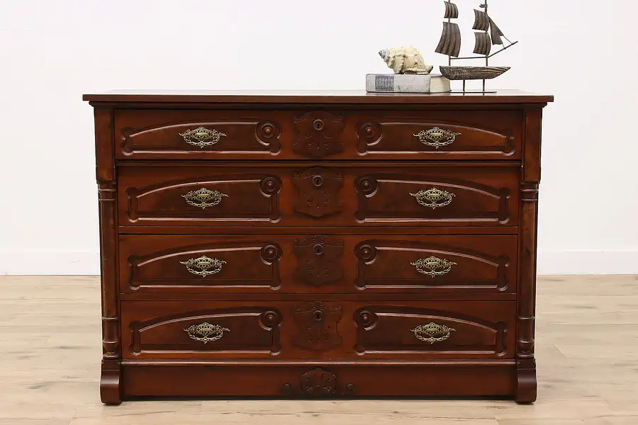 Main image of Victorian Eastlake Antique Walnut Linen Chest or Dresser, Ornate Pulls