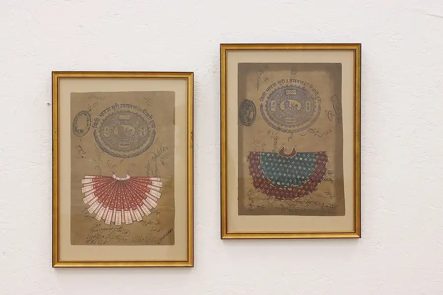 Main image of Pair of Framed Indian Antique Revenue Stamps, Script, Hand Painted 17"