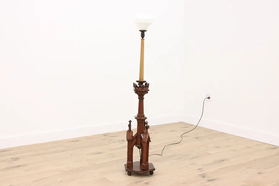 Main image of Gothic French Antique Oak Floor Lamp, Frosted Glass Shade
