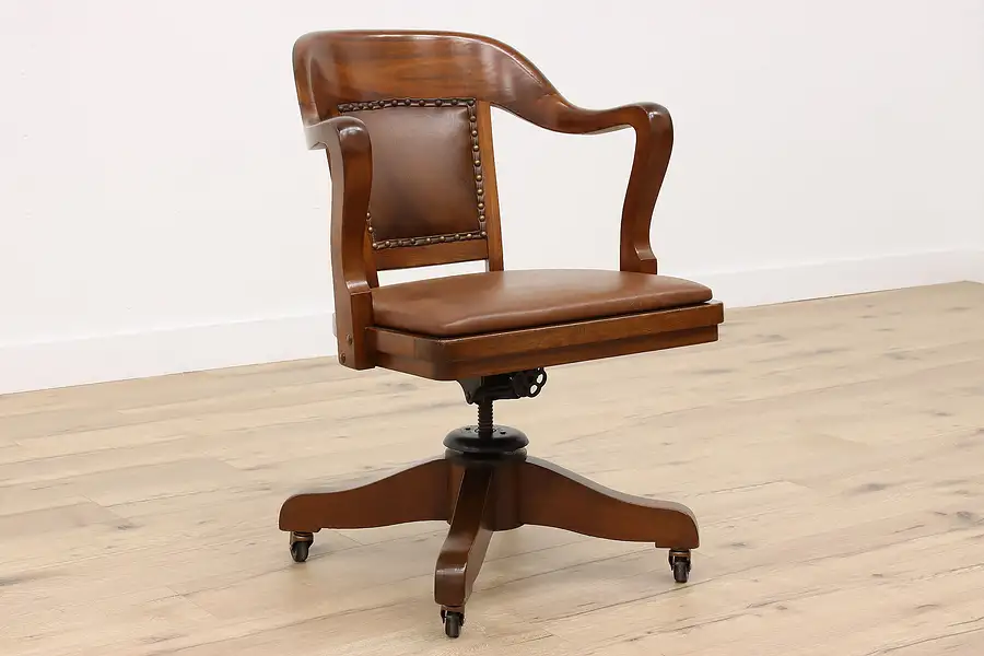 Main image of Traditional Antique Walnut Swivel Adjustable Office or Library Desk Chair