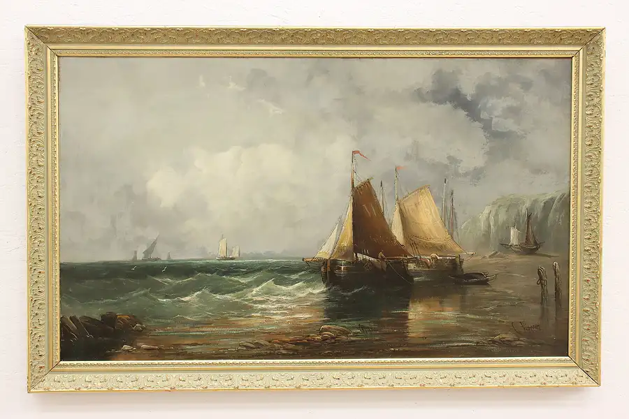 Main image of Sailboats Arriving on Shore Antique Original Oil Painting, Vincent 56"