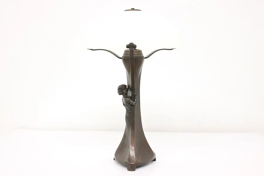 Main image of Art Nouveau Style Vintage Bronze Glass Shade Office or Library Lamp