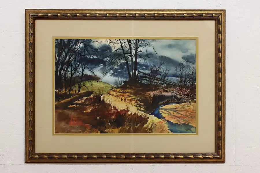 Main image of Stormy Forest Scene Vintage Original Watercolor Painting, Haeckel 29.5"