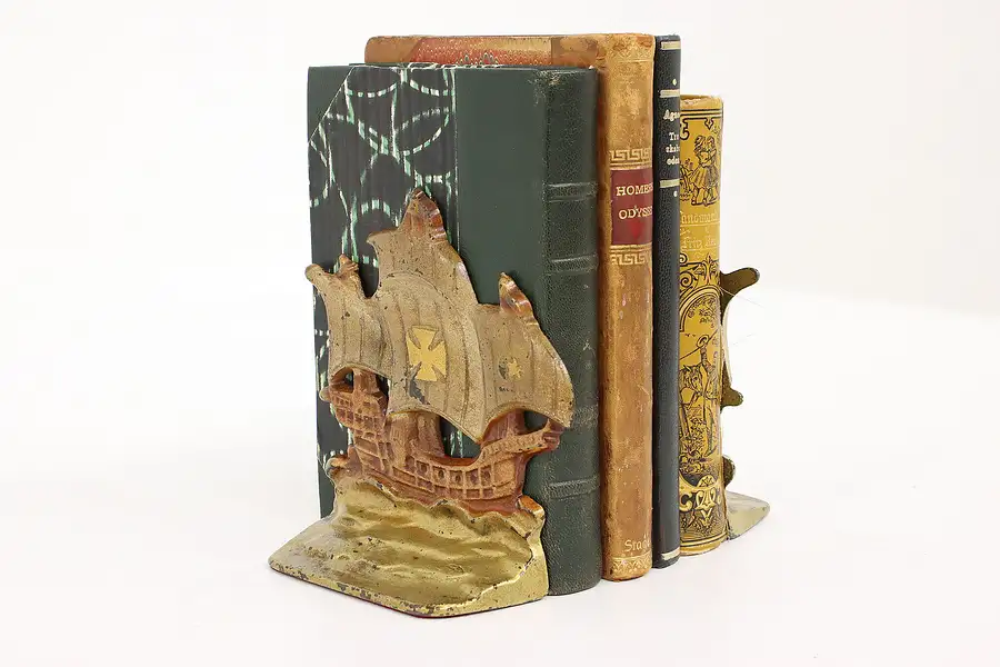 Main image of Pair of Vintage Cast Iron Hand Painted Sailing Ship Bookends