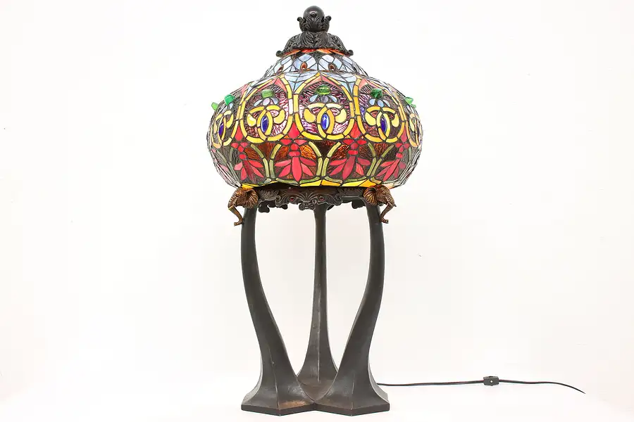 Main image of Stained & Leaded Glass Dome Shade Vintage Office or Library Lamp