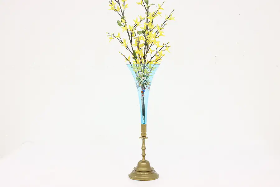 Main image of Victorian Antique Brass & Blue Glass Vase or Epergne, Floral Motifs