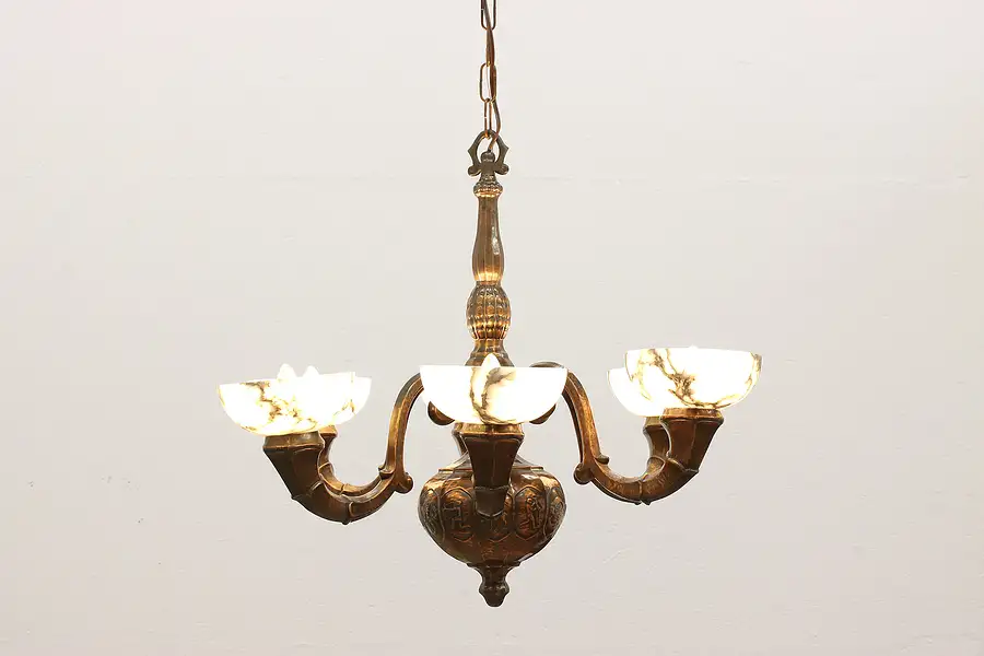 Main image of Arts & Crafts Antique 6 Light Copper Chandelier, Carved Alabaster Shades