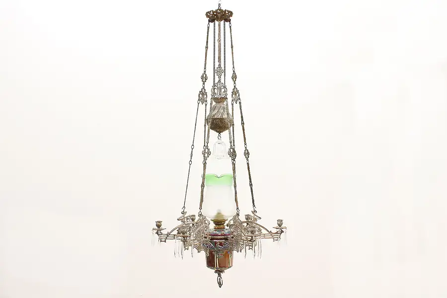 Main image of Art Nouveau Antique Belgian 6 Candle & Oil Chandelier, Hand Painted Font