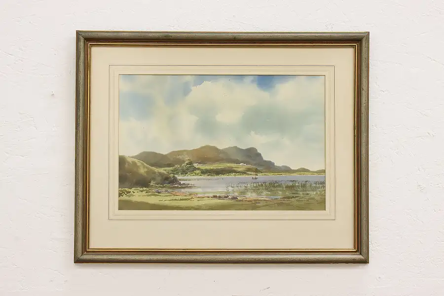 Main image of Summer Lake & Fisherman Vintage Original Watercolor Painting, Haworth 29"