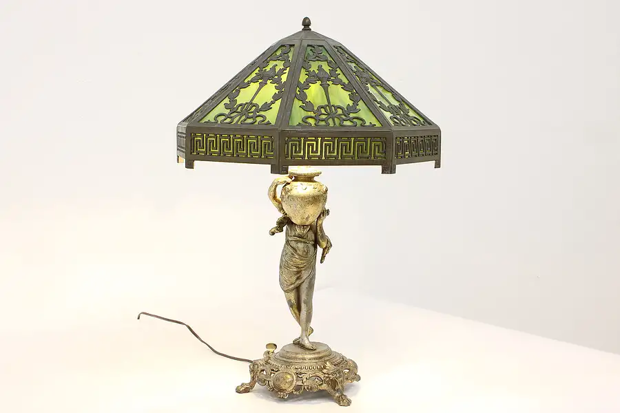 Main image of Stained Glass Shade Antique Newel Post Gas Lamp, Electrified