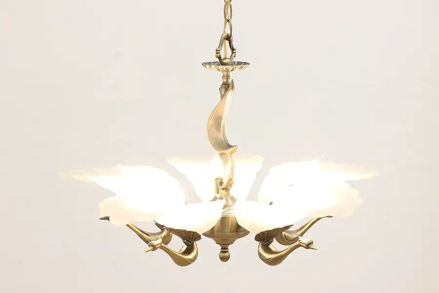 Main image of Art Deco Vintage Frosted Glass Shade 5 Light Chandelier, Peacocks
