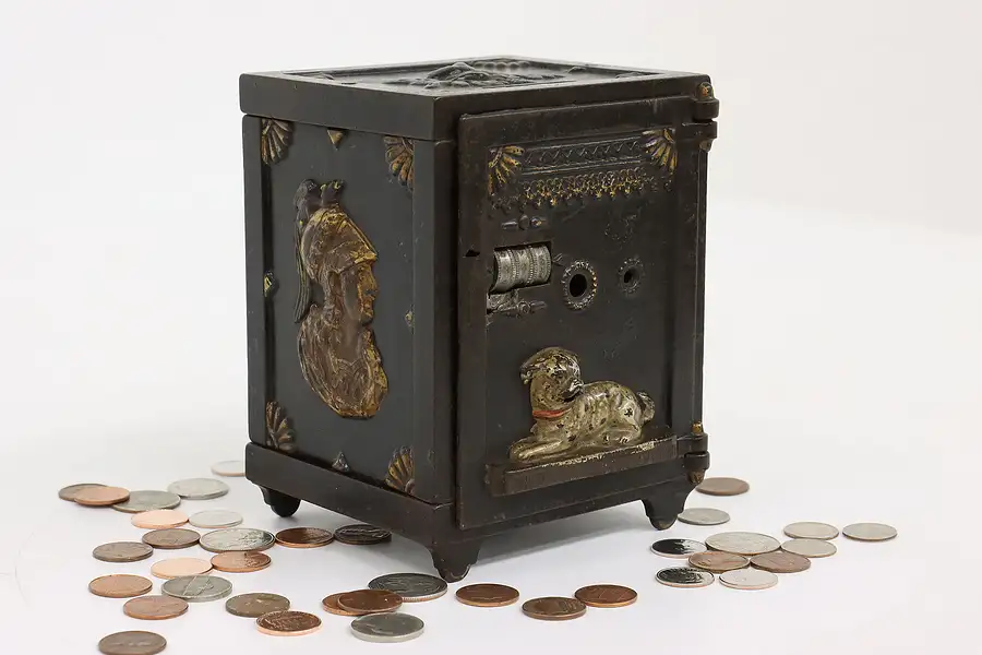 Main image of Victorian Cast Iron Antique Combination Safe Coin Bank, Dalmatian Dog