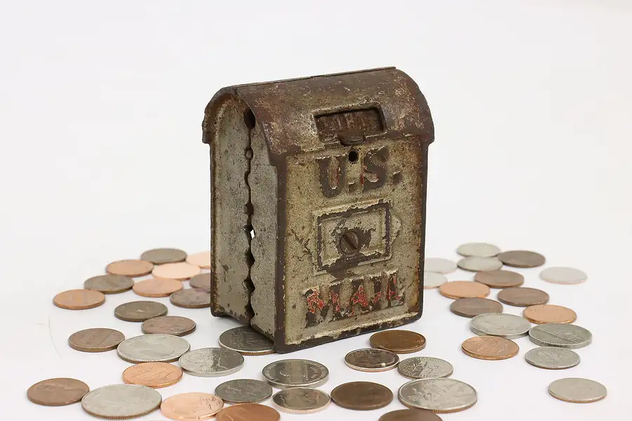 Main image of Cast Iron Antique US Mail Mailbox Coin Bank, Hinged Lid