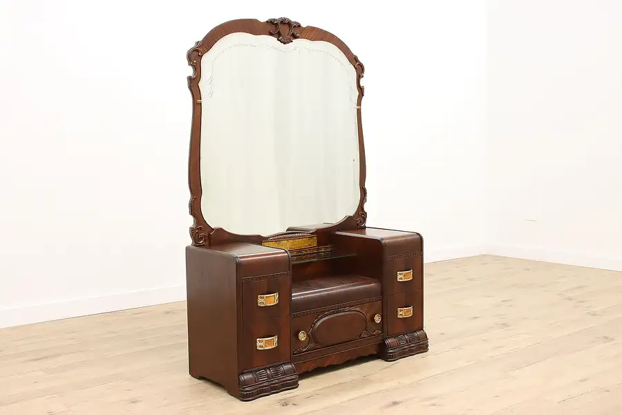 Main image of Art Deco Vintage Waterfall Vanity Dressing Table Beveled Mirror, Bakelite
