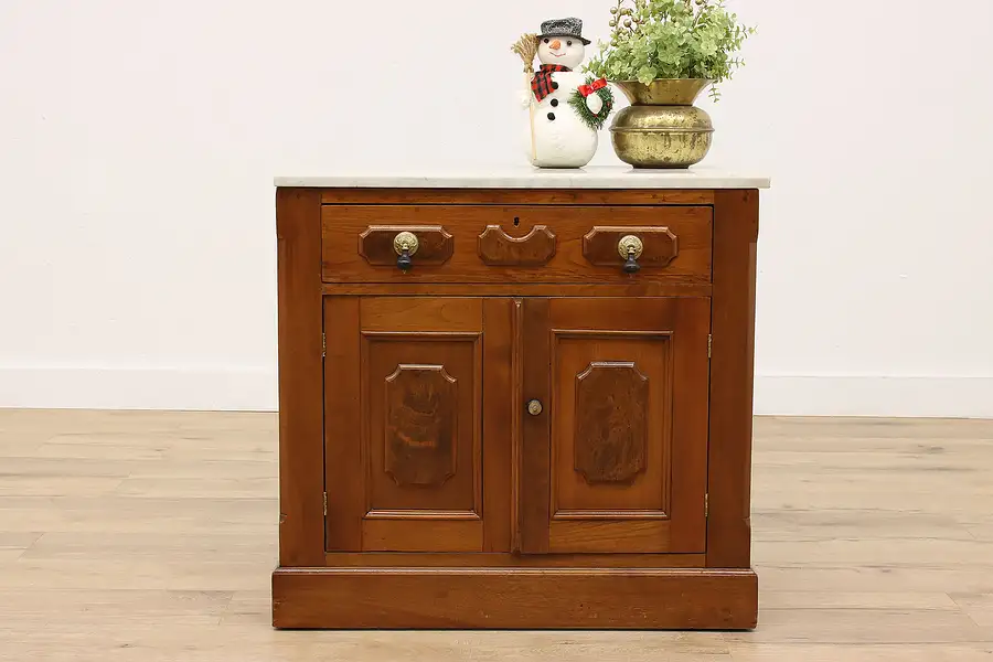 Main image of Victorian Antique Carved Walnut & Burl Nightstand or Sink Vanity, Marble