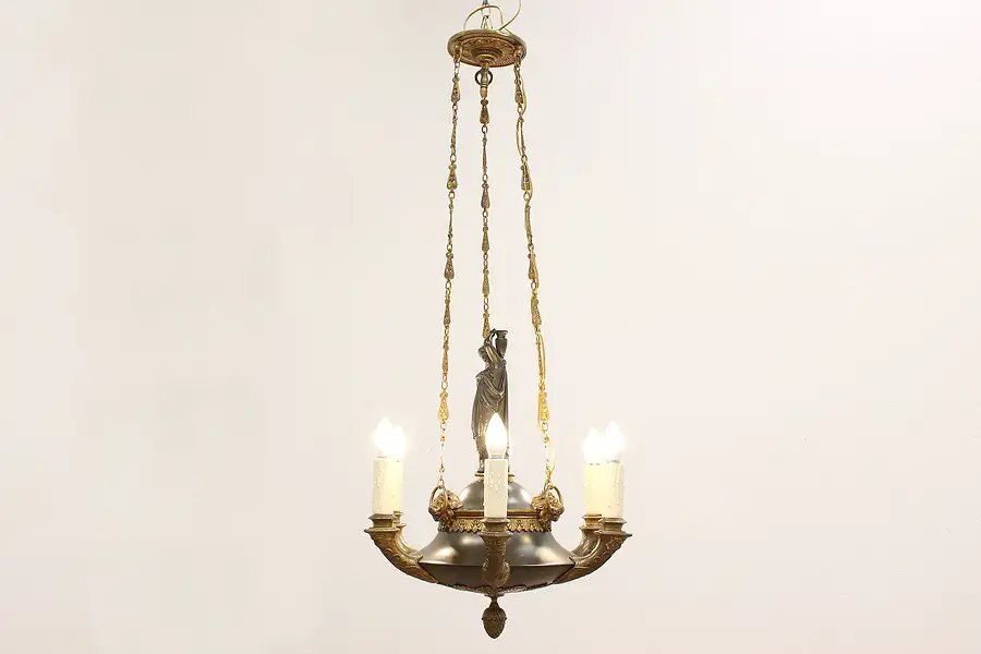 Main image of Regency Antique Chandelier, Bronze Sculpture & Lions, 6 Candles