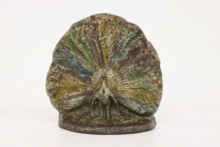 Main image of Victorian Antique Cast Iron Painted Peacock Sculpture Door Stop