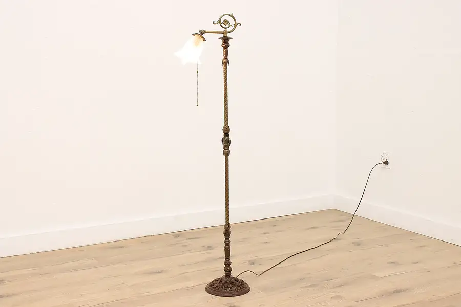 Main image of Art Nouveau Antique Floor Reading or Bridge Lamp, Adjustable Shade