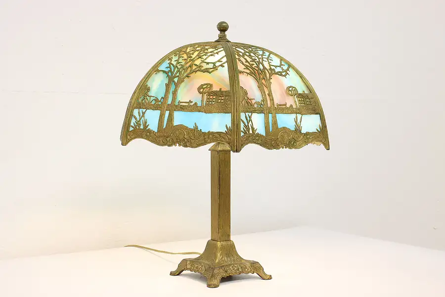 Main image of Stained Glass Curved 6 Panel Farm Scene Shade Antique Lamp