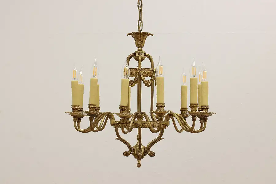 Main image of French Design Antique 12 Beeswax Candle Brass Chandelier, Flowers