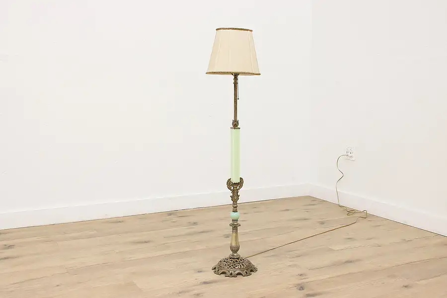 Main image of Art Deco Vintage Floor Lamp, Stained Glass Mounts, Cherub Motifs