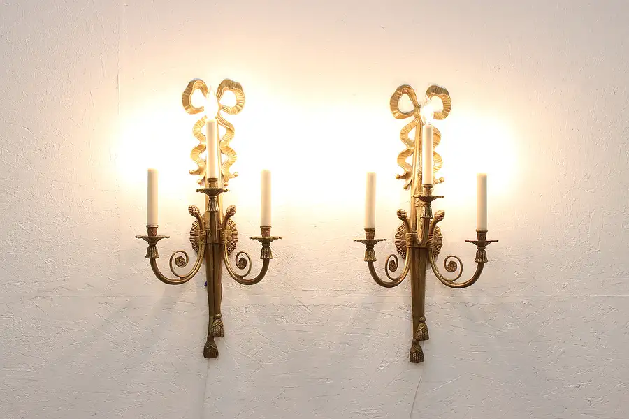 Main image of Pair of Ornate Brass Triple Wall Sconces, Tassel & Pine Cone Motifs