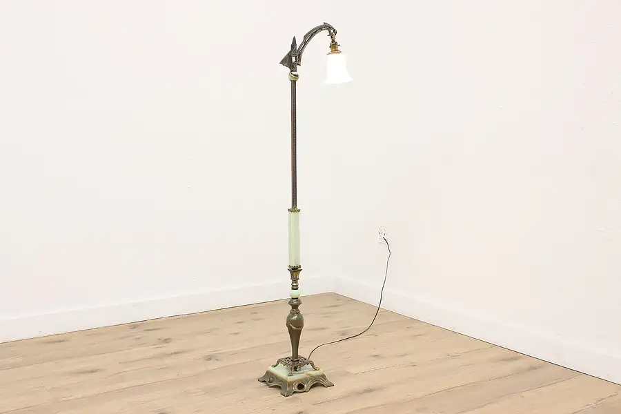 Main image of Art Deco Antique Floor Reading or Bridge Lamp, Stained Glass Base