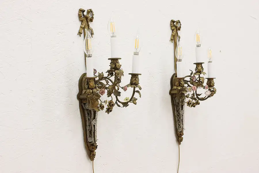 Main image of Pair of Antique Brass Wall Sconces, Glass Beads, Porcelain Flowers