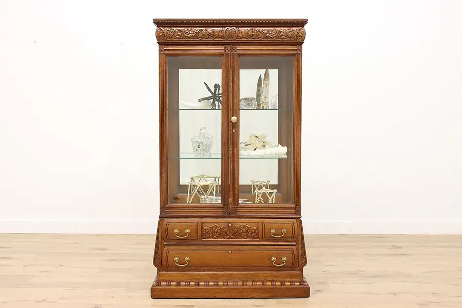 Main image of Victorian Antique Carved Oak Display or Collector Cabinet, Beveled Glass