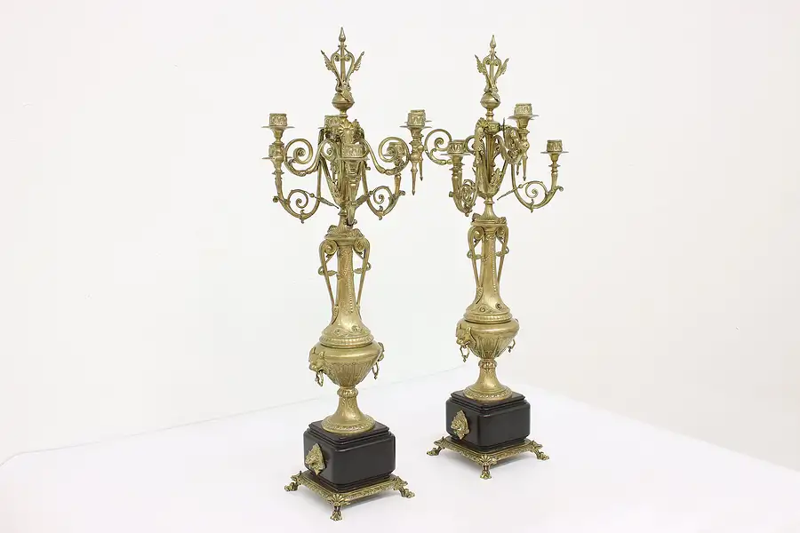 Main image of Pair of Classical Antique 6 Arm Brass Candelabra, Lion Heads, Marble