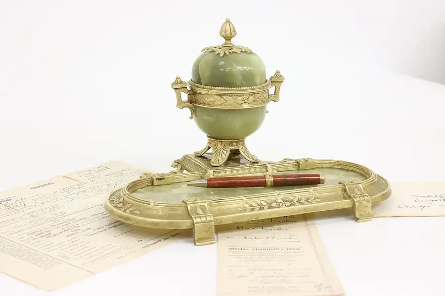 Main image of French Antique Bronze & Onyx Desktop Inkwell, Dépose Carpe Diem