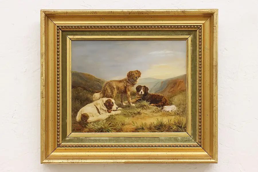 Main image of Spaniel Hunting Dogs Antique 1903 Original Oil Painting, Crawford 15.5"