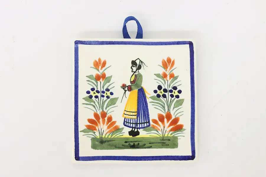 Main image of Hand Painted Vintage Henriot Quimper Square Trivet Tile, Brittany, France