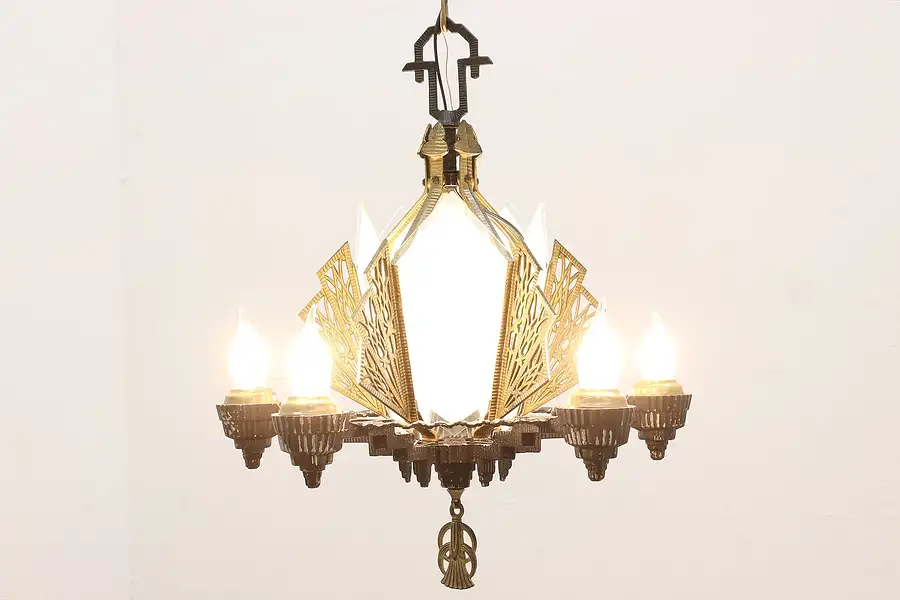 Main image of Art Deco Antique 5 Light Glass & Iron Chandelier