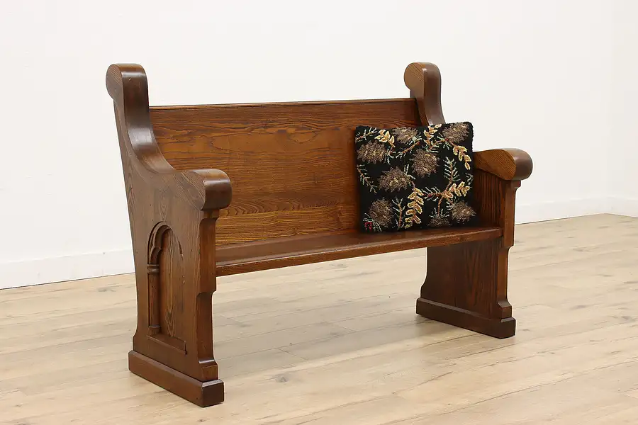 Main image of Gothic Carved Antique Ash & Elm Church Pew or Hall Bench