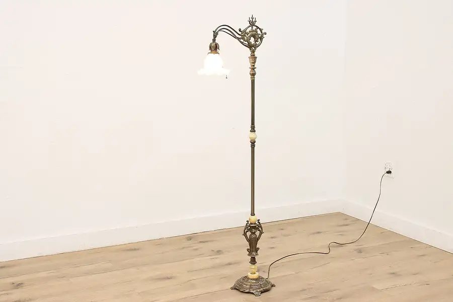 Main image of Victorian Antique Floor Reading or Bridge Lamp, Swivel Shade, Dolphin