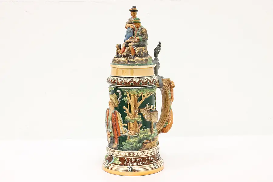 Main image of German Folk Art Antique Liter Beer Stein or Mug, Painted Hunter & Animals