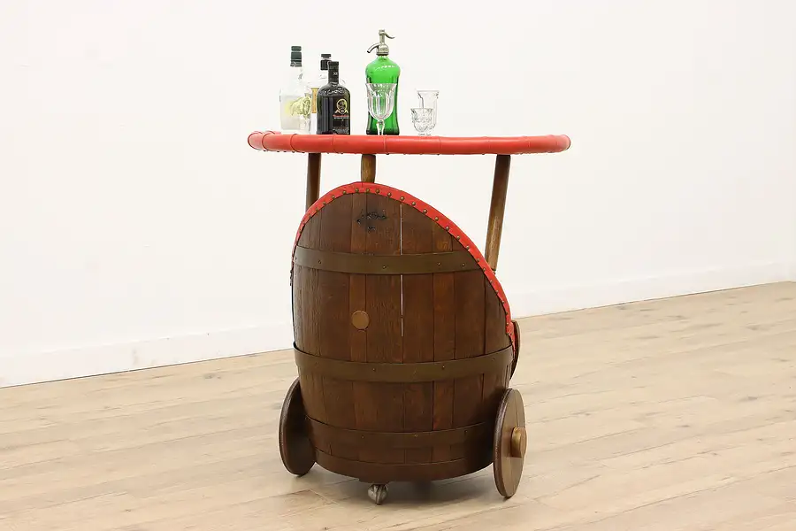 Main image of Belgian Farmhouse Vintage Oak Rolling Barrel Bar, Storage Compartment