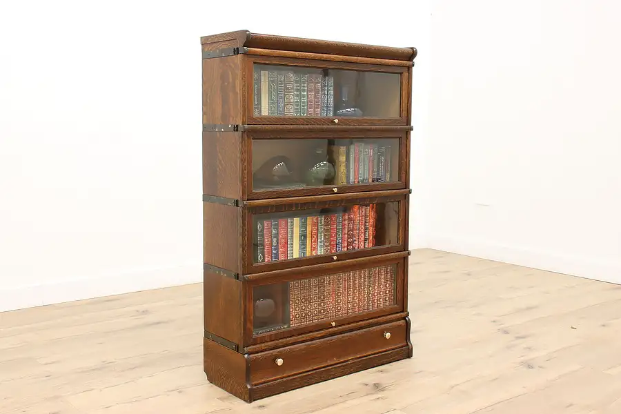 Main image of Arts & Crafts 4 Stack Antique Oak Lawyer, Office Library Bookcase, Globe