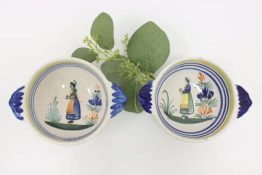 Main image of Pair of French Vintage Quimper Hand Painted Bowls with Handles