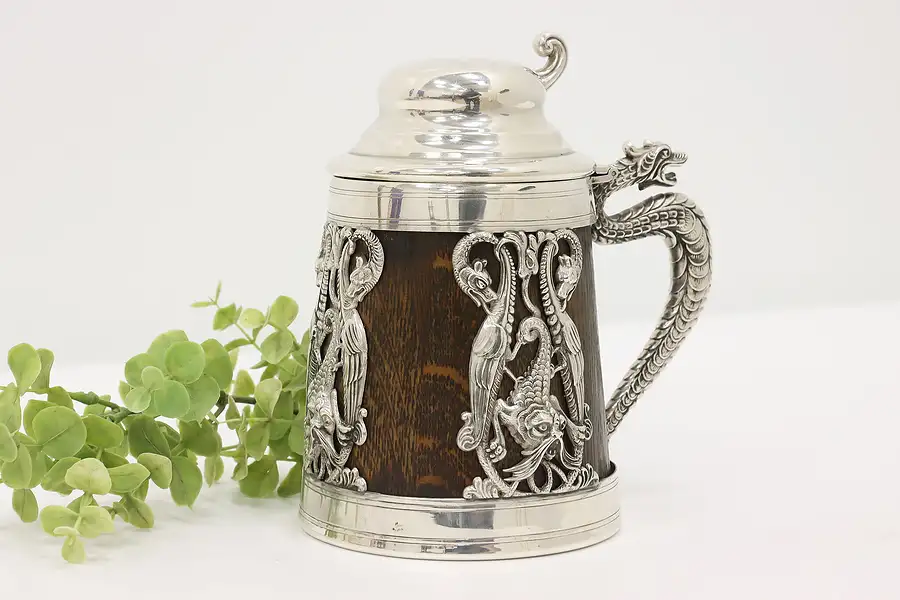 Main image of Farmhouse Antique Silverplate & Oak Beer Stein w/ Dragons, St. Louis