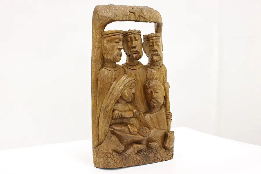 Main image of Hand Carved Teak Nativity Scene Vintage Plaque Holy Family, 3 Kings