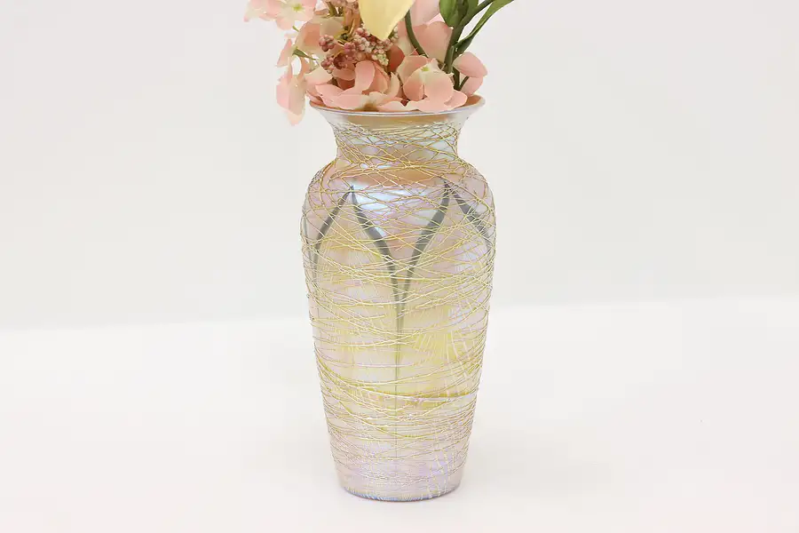 Main image of Vintage Art Glass Decorative Vase, Golden Threaded Design