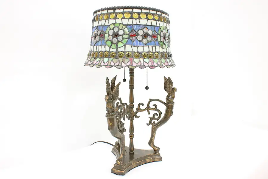 Main image of Classical Vintage Lamp, Stained Glass Shade, Gargoyle Base