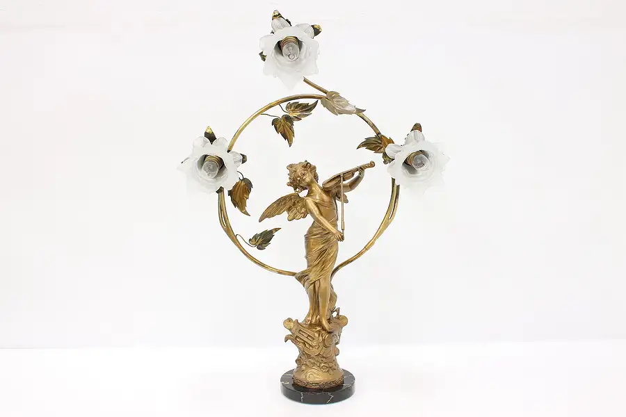 Main image of Art Nouveau Antique Angel Playing Violin Newel Post Lamp, Marble Base