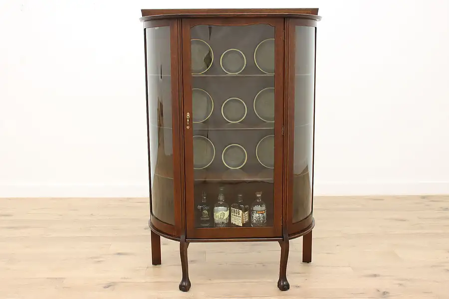 Main image of Victorian Oak Antique Curved Glass Curio China Cabinet, Paw Feet, Larkin