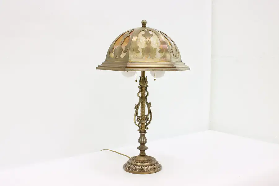 Main image of Stained Glass & Brass Dome Antique Office or Library Desk Lamp
